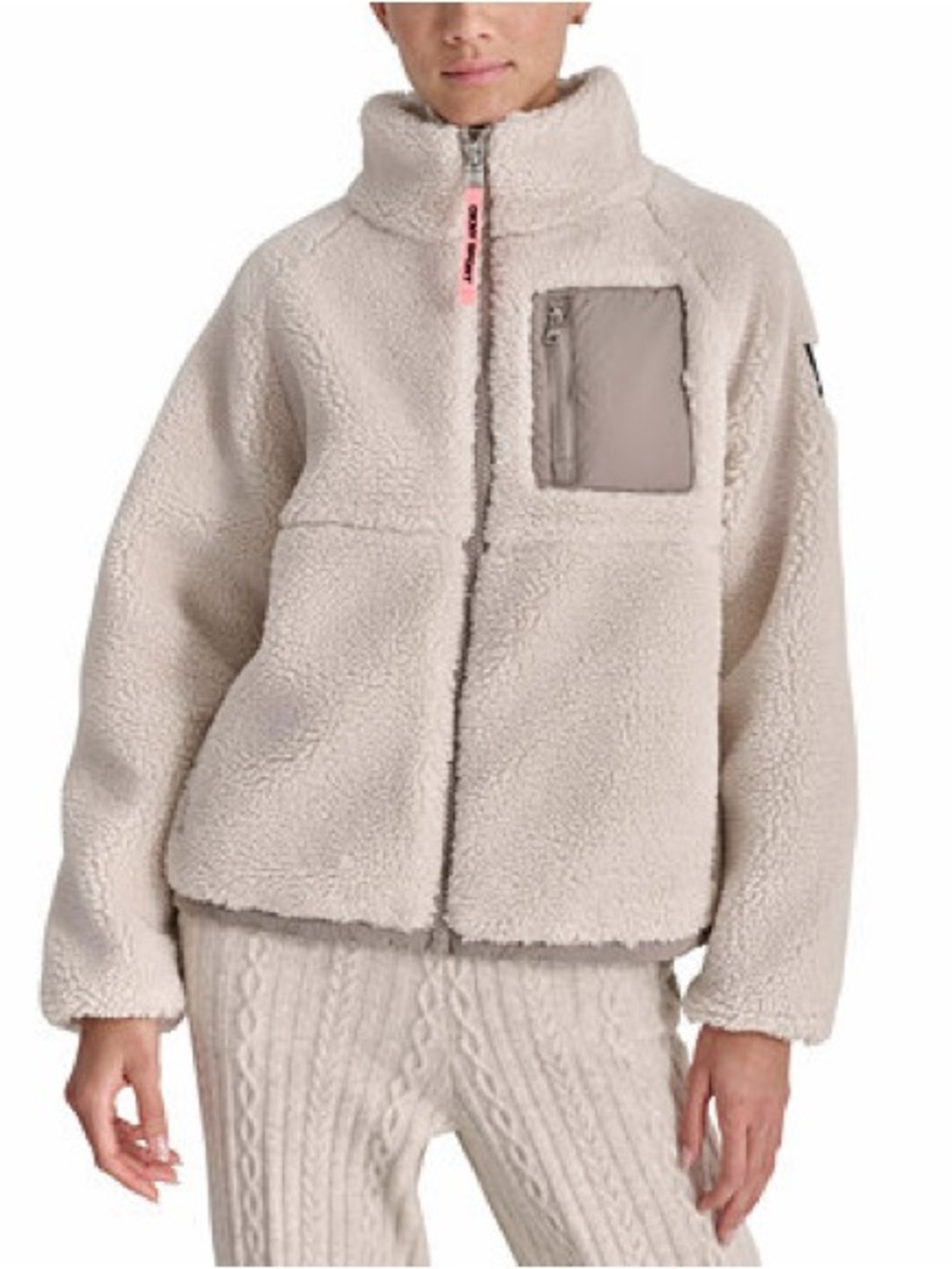 DKNY Ivory Sherpa Zip Jacket with Taupe Pocket